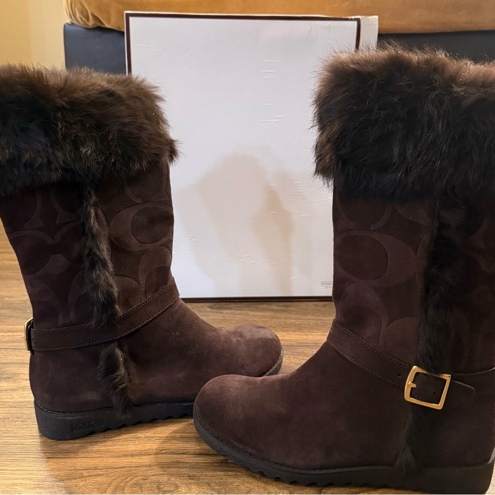 Coach Brown Suede Fur-Trim Mid-Calf Winter Boots
